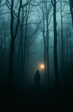 A mysterious and ethereal scene depicting a lost shadow wandering through a foggy forest at twilight