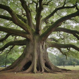 A vast, venerable tree serving as the study subject for a keen researcher. The researcher is equipped with tools for tree analysis, deeply engrossed in their work.