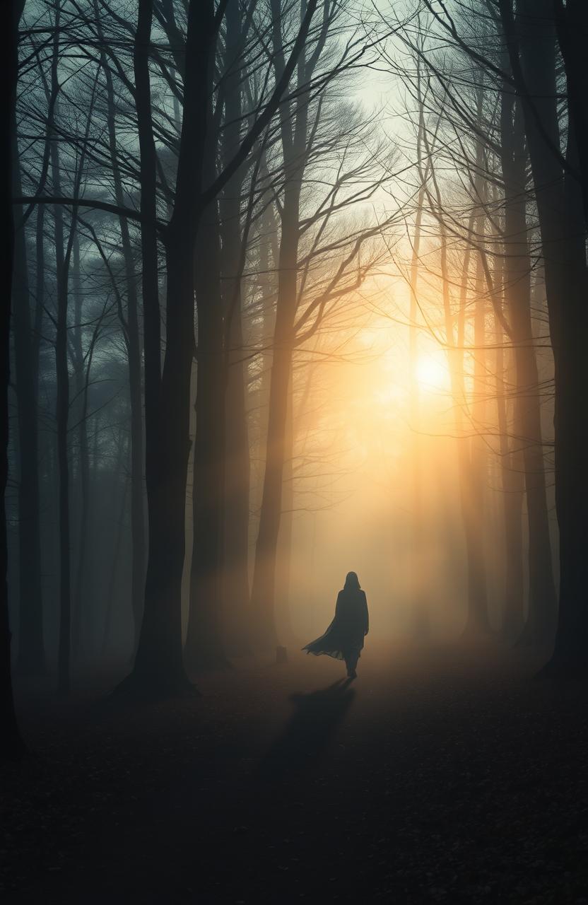 A mysterious and ethereal scene depicting a lost shadow wandering through a foggy forest at twilight