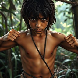 An adolescent jungle boy resembling Mowgli, with a shirtless, slim muscular body and shoulder-length hair, captured in a dramatic scene where he is tied up by a poacher