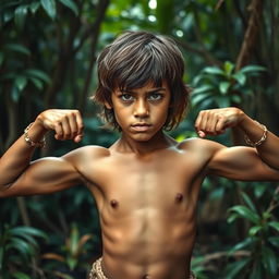 An adolescent jungle boy resembling Mowgli, with a shirtless, slim muscular body and shoulder-length hair, captured in a dramatic scene where he is tied up by a poacher
