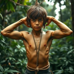 An adolescent jungle boy resembling Mowgli, with a shirtless, slim muscular body and shoulder-length hair, captured in a dramatic scene where he is tied up by a poacher