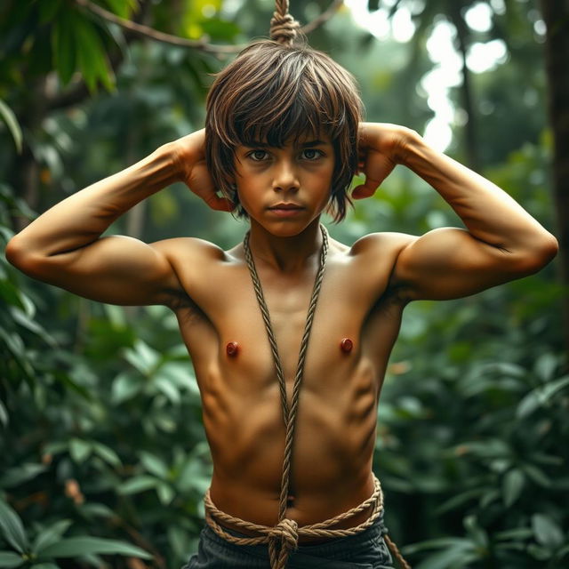 An adolescent jungle boy resembling Mowgli, with a shirtless, slim muscular body and shoulder-length hair, captured in a dramatic scene where he is tied up by a poacher