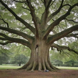 A vast, venerable tree serving as the study subject for a keen researcher. The researcher is equipped with tools for tree analysis, deeply engrossed in their work.