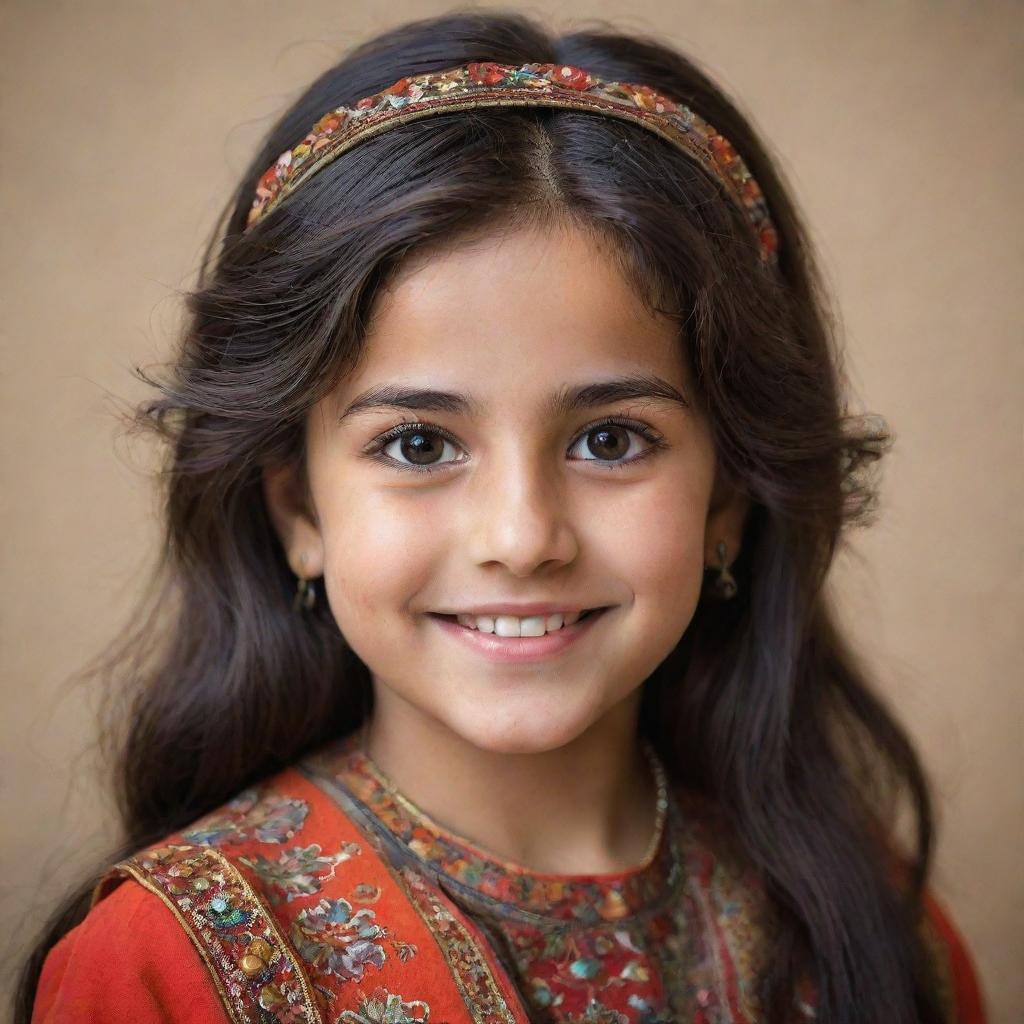 A charming, small Persian girl, with dark flowing hair, expressive brown eyes, wearing traditional bright clothing, as she smiles sweetly.