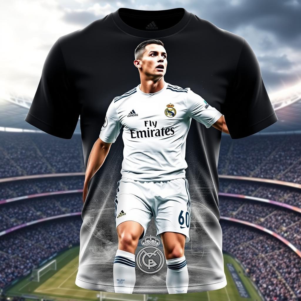 A stunning t-shirt featuring an elegant design dedicated to Cristiano Ronaldo's time at Real Madrid