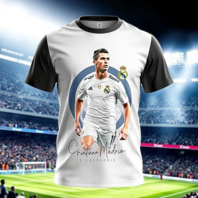 A stunning t-shirt featuring an elegant design dedicated to Cristiano Ronaldo's time at Real Madrid