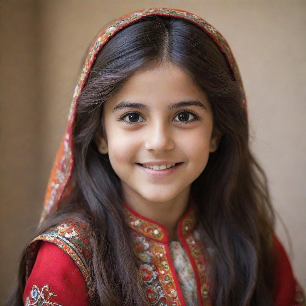 A charming, small Persian girl, with dark flowing hair, expressive brown eyes, wearing traditional bright clothing, as she smiles sweetly.