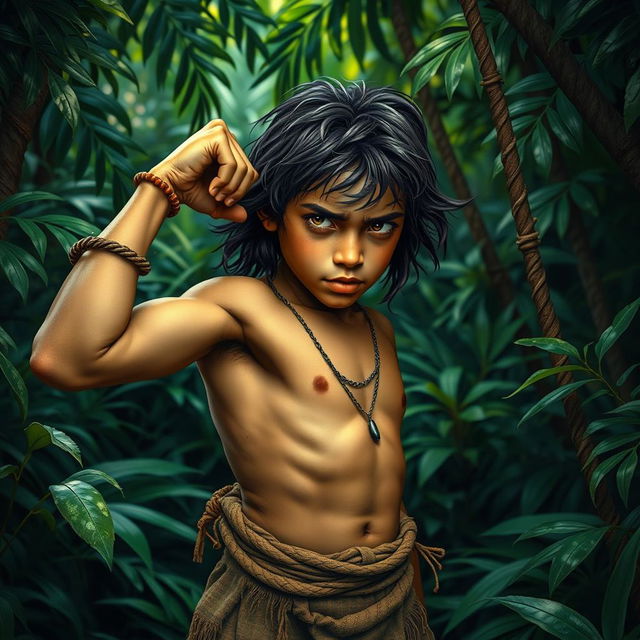 An adolescent jungle boy inspired by Mowgli, wearing only a loincloth, showcasing his slim muscular body