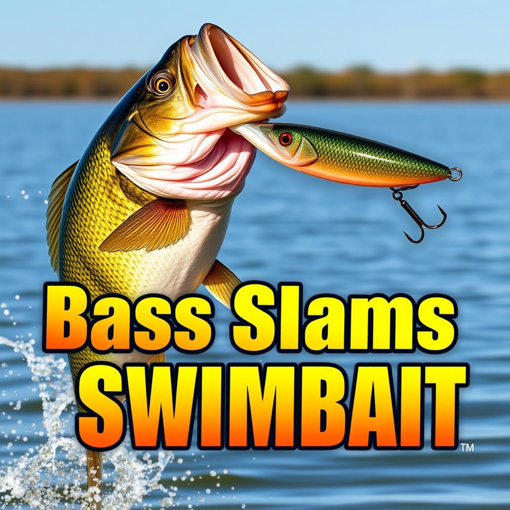 A visually engaging thumbnail at 1920x1080 depicting a large bass fish powerfully striking a swimbait lure, with no human hands or fishing rod in sight