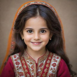 A charming, small Persian girl, with dark flowing hair, expressive brown eyes, wearing traditional bright clothing, as she smiles sweetly.