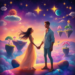 A surreal dream world where two ethereal figures, Clara and Marcos, meet in a vibrant, colorful landscape filled with floating islands, whimsical trees, and glowing stars