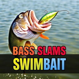 A visually engaging thumbnail at 1920x1080 depicting a large bass fish powerfully striking a swimbait lure, with no human hands or fishing rod in sight