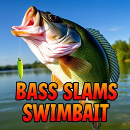 A visually engaging thumbnail at 1920x1080 depicting a large bass fish powerfully striking a swimbait lure, with no human hands or fishing rod in sight