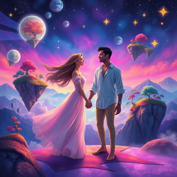 A surreal dream world where two ethereal figures, Clara and Marcos, meet in a vibrant, colorful landscape filled with floating islands, whimsical trees, and glowing stars