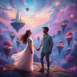 A surreal dream world where two ethereal figures, Clara and Marcos, meet in a vibrant, colorful landscape filled with floating islands, whimsical trees, and glowing stars