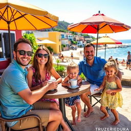 A cheerful family of four enjoying their life as expats in Uruguay, set against a picturesque coastal backdrop