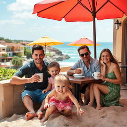 A cheerful family of four enjoying their life as expats in Uruguay, set against a picturesque coastal backdrop