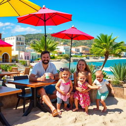 A cheerful family of four enjoying their life as expats in Uruguay, set against a picturesque coastal backdrop