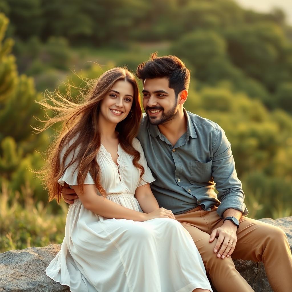 A photograph of a real-life couple, Clara and Marcos, sitting together in a serene natural setting, such as a tranquil park or a scenic overlook