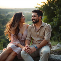 A photograph of a real-life couple, Clara and Marcos, sitting together in a serene natural setting, such as a tranquil park or a scenic overlook