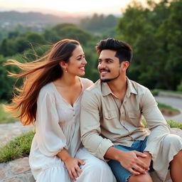 A photograph of a real-life couple, Clara and Marcos, sitting together in a serene natural setting, such as a tranquil park or a scenic overlook