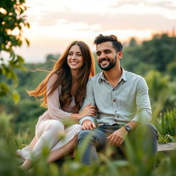 A photograph of a real-life couple, Clara and Marcos, sitting together in a serene natural setting, such as a tranquil park or a scenic overlook