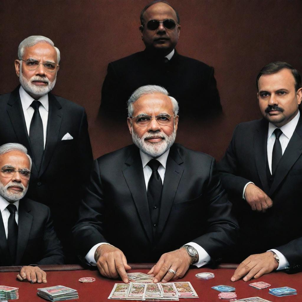 A caricature of Narendra Modi as the 'mafia' boss, sitting at a high-stakes gambling table, flanked by his team members all in sleek black suits, in a clandestine classic mafia setting.