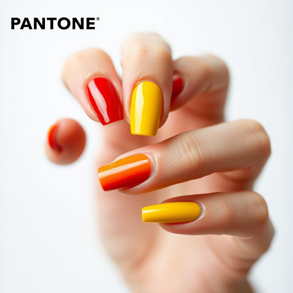 A close-up shot of beautifully manicured nails painted in various Pantone colors, showcasing a vibrant palette such as Pantone 2024 (rich red), Pantone 124 (bright yellow), and Pantone 286 (royal blue)