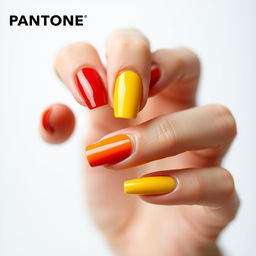 A close-up shot of beautifully manicured nails painted in various Pantone colors, showcasing a vibrant palette such as Pantone 2024 (rich red), Pantone 124 (bright yellow), and Pantone 286 (royal blue)