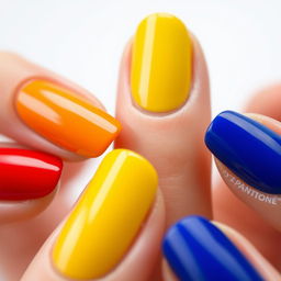 A close-up shot of beautifully manicured nails painted in various Pantone colors, showcasing a vibrant palette such as Pantone 2024 (rich red), Pantone 124 (bright yellow), and Pantone 286 (royal blue)