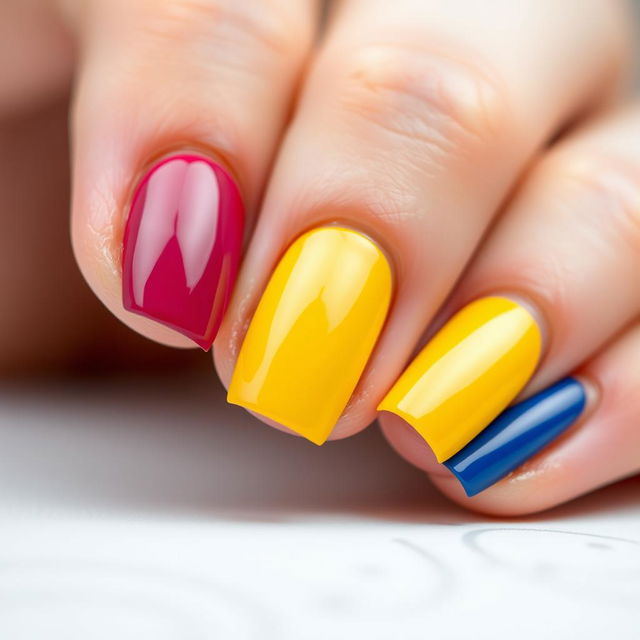 A close-up shot of beautifully manicured nails painted in various Pantone colors, showcasing a vibrant palette such as Pantone 2024 (rich red), Pantone 124 (bright yellow), and Pantone 286 (royal blue)