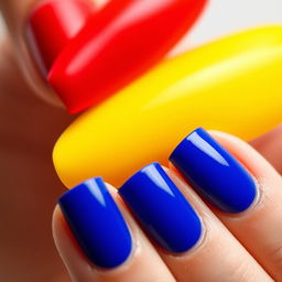 A close-up shot of beautifully manicured nails painted in various Pantone colors, showcasing a vibrant palette such as Pantone 2024 (rich red), Pantone 124 (bright yellow), and Pantone 286 (royal blue)