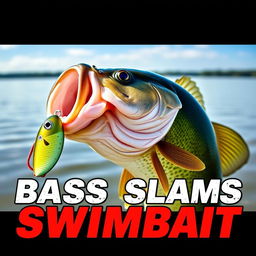 A captivating thumbnail sized at 1920x1080 featuring a large bass fish fiercely striking a swimbait lure, with no human hands or fishing rod in view