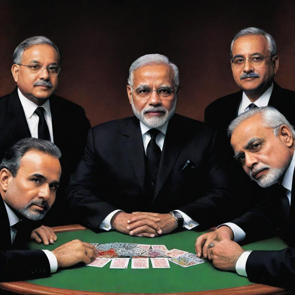 A caricature of Narendra Modi as the 'mafia' boss, sitting at a high-stakes gambling table, flanked by his team members all in sleek black suits, in a clandestine classic mafia setting.