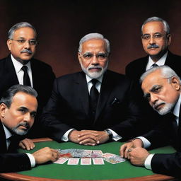 A caricature of Narendra Modi as the 'mafia' boss, sitting at a high-stakes gambling table, flanked by his team members all in sleek black suits, in a clandestine classic mafia setting.