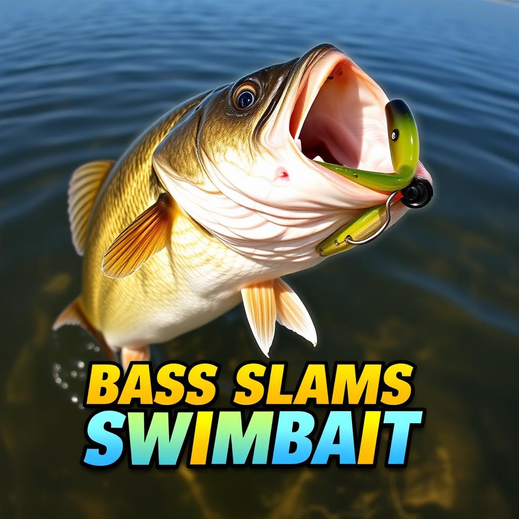 A captivating thumbnail sized at 1920x1080 featuring a large bass fish fiercely striking a swimbait lure, with no human hands or fishing rod in view