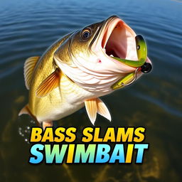 A captivating thumbnail sized at 1920x1080 featuring a large bass fish fiercely striking a swimbait lure, with no human hands or fishing rod in view