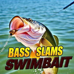 A captivating thumbnail sized at 1920x1080 featuring a large bass fish fiercely striking a swimbait lure, with no human hands or fishing rod in view