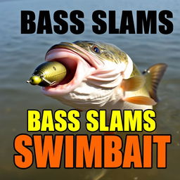 A captivating thumbnail sized at 1920x1080 featuring a large bass fish fiercely striking a swimbait lure, with no human hands or fishing rod in view