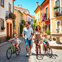 A joyful expat family of four enjoying their affordable lifestyle in Portugal, depicted in a sunny, charming village setting