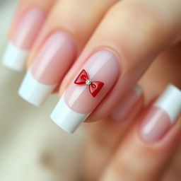 A close-up shot of elegantly manicured nails featuring a white French manicure, complete with a glossy finish