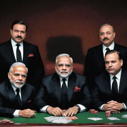 A caricature of Narendra Modi as the 'mafia' boss, sitting at a high-stakes gambling table, flanked by his team members all in sleek black suits, in a clandestine classic mafia setting.