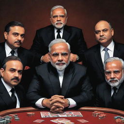 A caricature of Narendra Modi as the 'mafia' boss, sitting at a high-stakes gambling table, flanked by his team members all in sleek black suits, in a clandestine classic mafia setting.