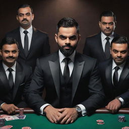 Image of a caricature of Virat Kohli in a stylized 'mafia' avatar, playing at a high-stakes gambling table, surrounded by his crew, all in imposing black suits, within a mysterious mafia setup.