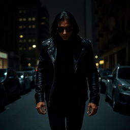 A mysterious man walking in the dark, dressed in all black with long hair, wearing a leather jacket