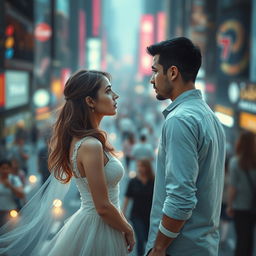 A surreal scene set in a bustling city, where two ethereal figures, Clara and Marcos, stand facing each other with concerned expressions