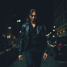 A mysterious man walking in the dark, dressed in all black with long hair, wearing a leather jacket