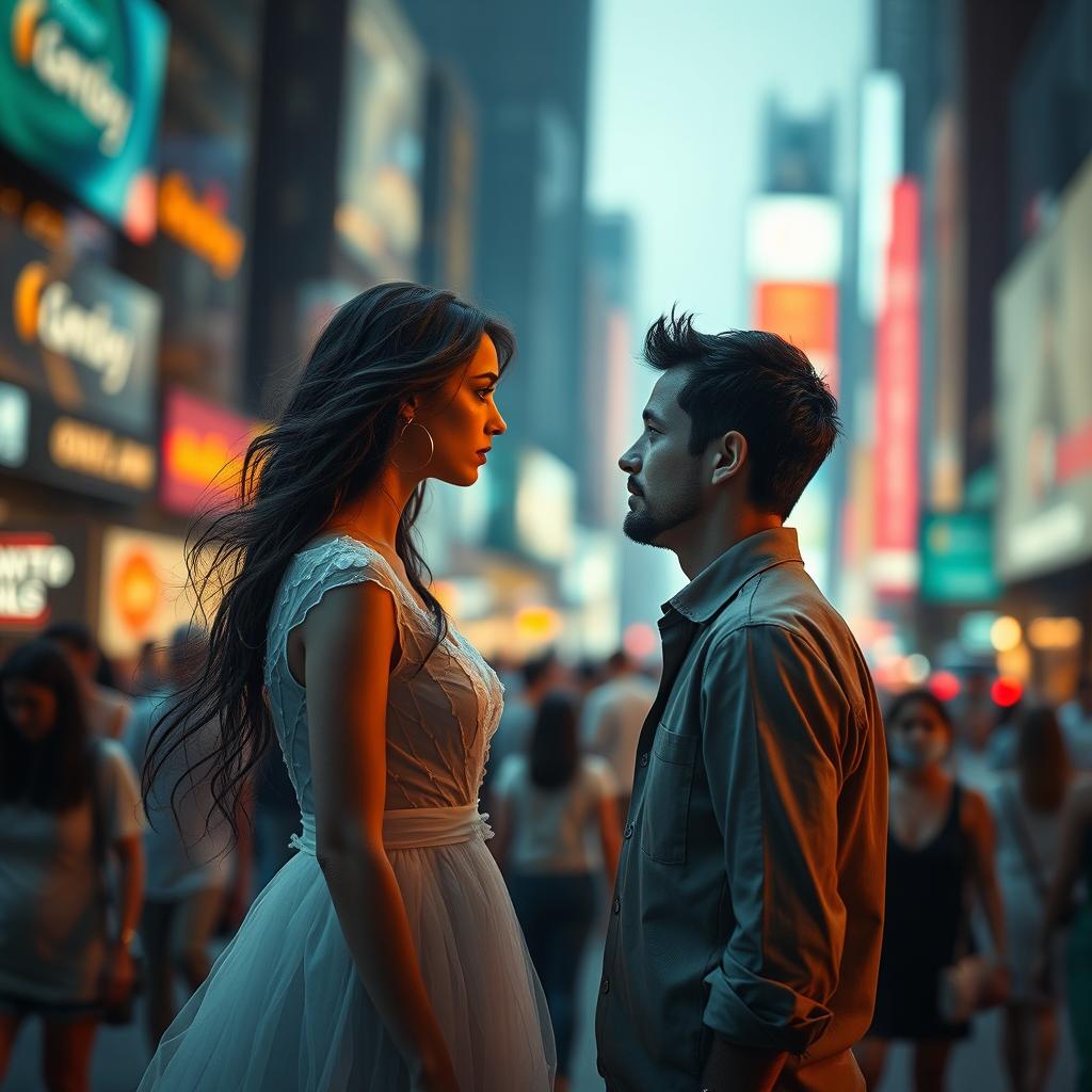 A surreal scene set in a bustling city, where two ethereal figures, Clara and Marcos, stand facing each other with concerned expressions