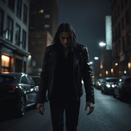 A mysterious man walking in the dark, dressed in all black with long hair, wearing a leather jacket